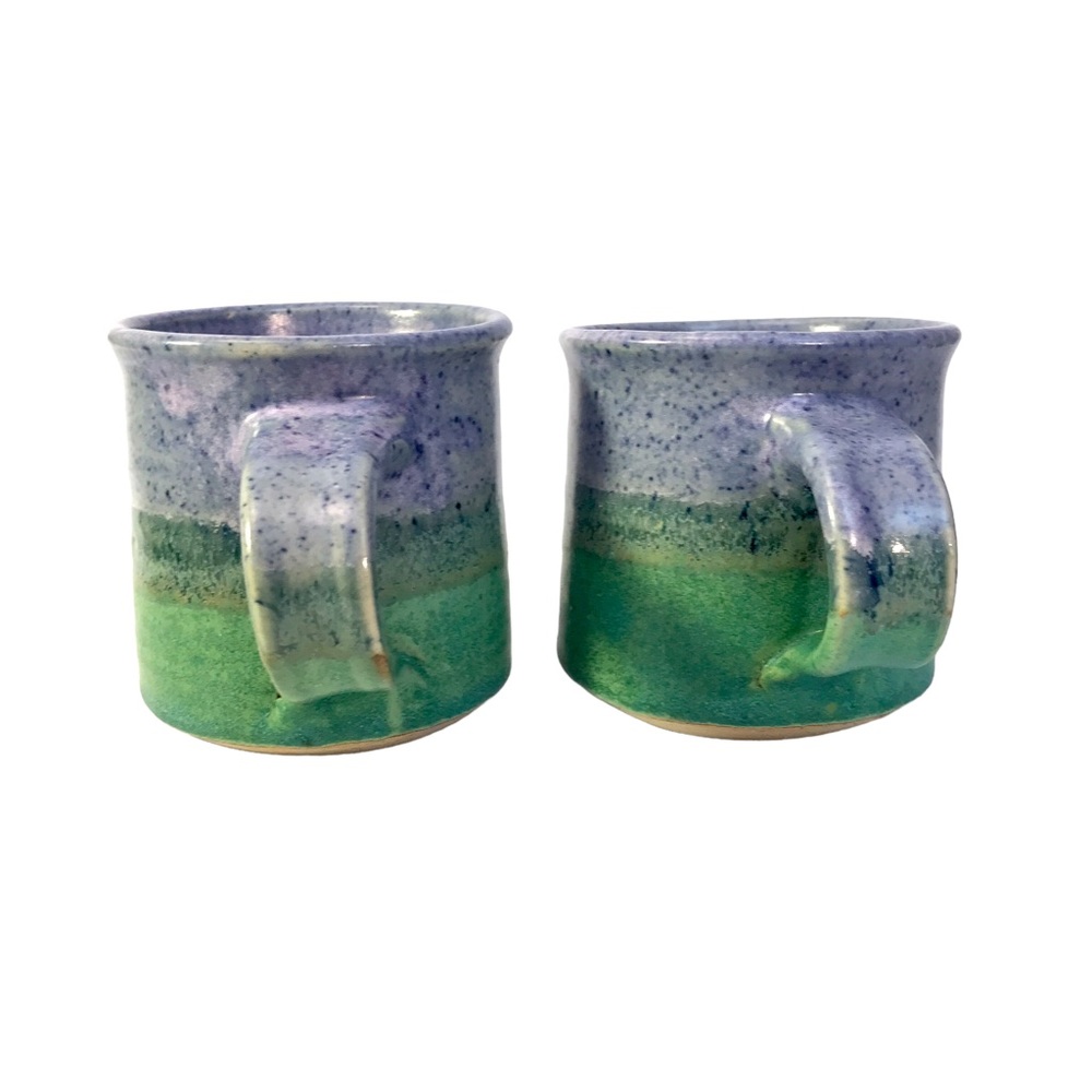 2 Purple Green Speckle Ombré Art Pottery Coffee Cups Mugs Signed Martha 1988 - Picture 8 of 14
